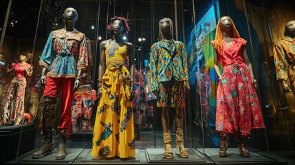 Naklejka premium Vibrant African-inspired fashion displayed on mannequins in a museum setting.