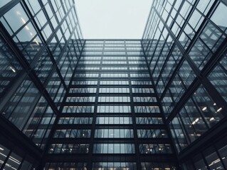 Obraz premium A modern office building with a glass facade rises against a blue sky. The reflections create a sleek and contemporary aesthetic.