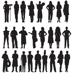 People with various occupations and professions standing together. silhouettes set collection of diverse professional on isolated white background.	
