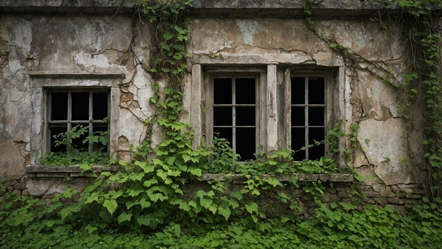 Ivy-covered abandoned building with vintage windows and rustic wall texture - Powered by Adobe