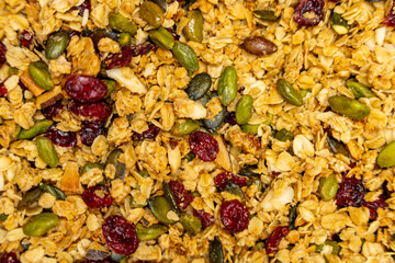 Préparation d'un plat en cuisine par un chef. Gros plan sur les graines et raisins secs. Mélange de muesli maison bourré de vitamines.