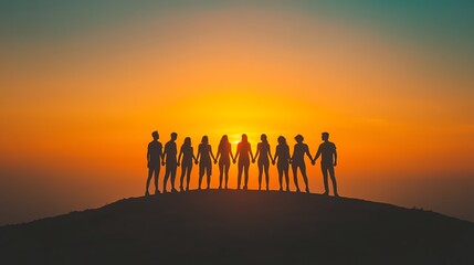 Fototapeta premium Silhouetted group enjoying sunset together.
