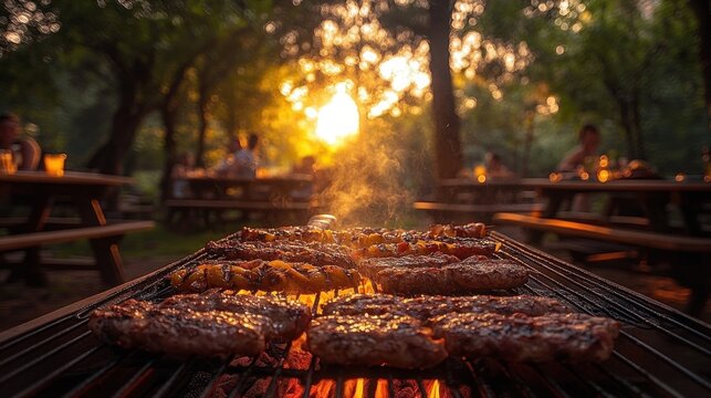 Delicious grilled meat on barbecue at sunset picnic.
