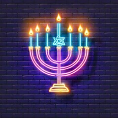 Fototapeta premium Menorah with candles. Hanukkah neon menorah icon.