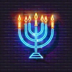 Fototapeta premium Menorah with candles. Hanukkah neon menorah icon.