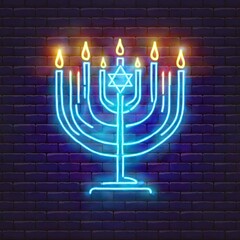 Fototapeta premium Menorah with candles. Hanukkah neon menorah icon.