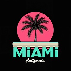 Naklejka premium Miami California Palm Tree Graphic Design: A vibrant and bold graphic design featuring a silhouette of a palm tree against a pink sunset.