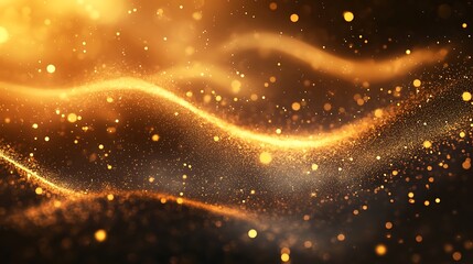 Abstract golden wave with glittering particles on dark background.