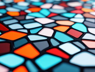 The image features a vibrant stained glass design with an irregular pattern of multicolored geometric shapes, including red, blue, and turquoise hues.
