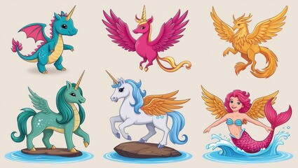 Obraz premium Fantasy Creatures Unicorns Dragons Phoenix Mermaid Illustration Set