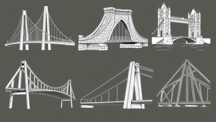 Fototapeta premium Six Iconic Bridge Designs Architecture Engineering Suspension Arch and Truss Bridges