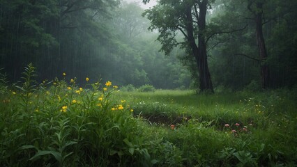Rain-soaked meadow with wildflowers and lush greenery in a forest