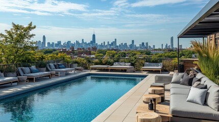 Obraz premium Rooftop pool with city skyline view, lounge chairs, and modern furniture.