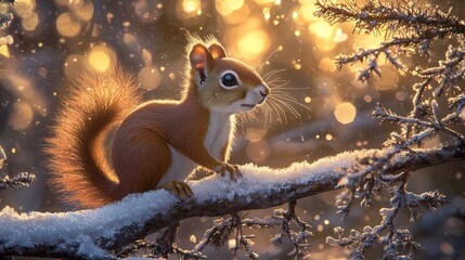 Adorable red squirrel on snow-covered branch at sunset.