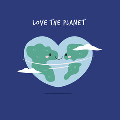 Cute Cartoon Illustration of Planet Earth and Text Love The Planet. Perfect for Earth Day and Climate Awareness