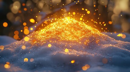 Glowing golden dust pile on snowy ground.
