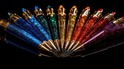 Colorful glitter pens arranged in a fan shape on a black reflective surface.