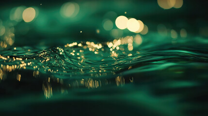 A serene abstract texture of water ripples, luminous shades of emerald green and gold, vibrant reflections with high contrast