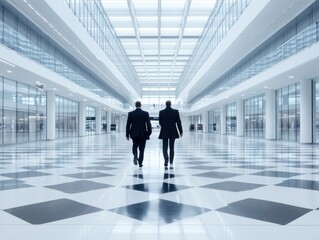 Fototapeta premium Two professionals walk through a modern, spacious office lobby with a sleek, checkered floor, under a bright, skylit ceiling.