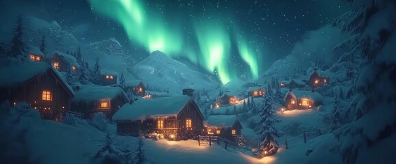 Obraz premium Magical winter village under aurora borealis.