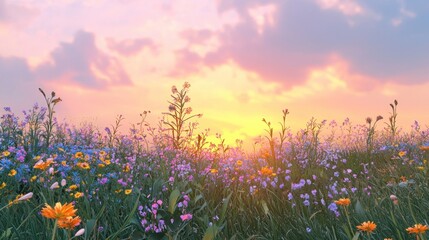 Naklejka premium Vibrant sunset over a colorful wildflower meadow.