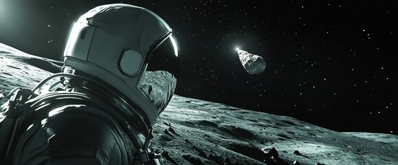 Astronaut on moon surface observing approaching asteroid.