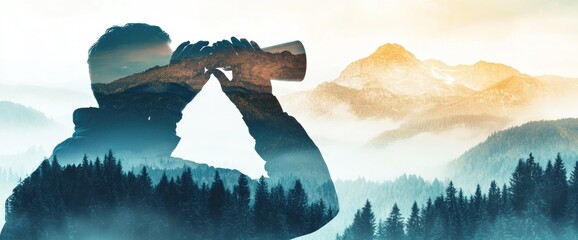 Double exposure of a man using binoculars overlooking a misty mountain range.