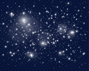 Sparkling white light particles on transparent background, glowing stars and dust effect, festive glitter overlay, magical illumination, digital abstract decoration.