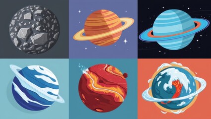 Colorful Cartoon Planets Space Solar System Astronomy Galaxy Rings Design Elements