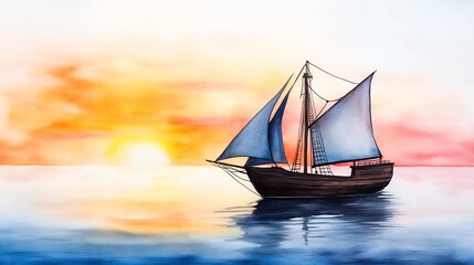 Naklejka premium Serene Watercolor Illustration: Sailing Ship at Sunset, Calm Ocean Waters. AI Generated