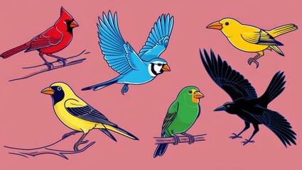 Obraz premium Colorful Bird Collection Flying Perched Cartoon Birds Illustration