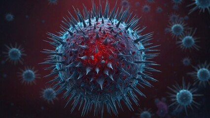 3D illustration of a virus structure with red and green details on dark background