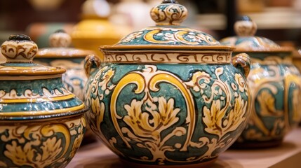 Ornate hand-painted ceramic jars with lids and handles, teal and yellow floral designs.