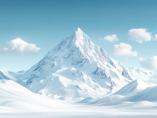 Obraz premium A majestic snow-covered mountain peak stands tall against a bright blue sky, enveloped by soft, fluffy clouds, creating a serene and cinematic vista.