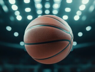 A basketball is captured mid-air against a backdrop of bright stadium lights, creating a dramatic and cinematic atmosphere.