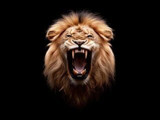 A majestic lion roars against a deep black background, its mane illuminated with a cinematic flair. The image captures the raw power and elegance of the animal.