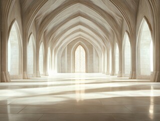 The image showcases a grand hall with elegant stone arches, reflecting an ancient classic architectural style. Soft light streams through, creating a serene ambiance.