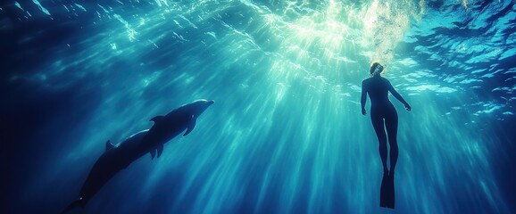 Fototapeta premium Underwater silhouette of a freediver and dolphins swimming in sunlight beams.