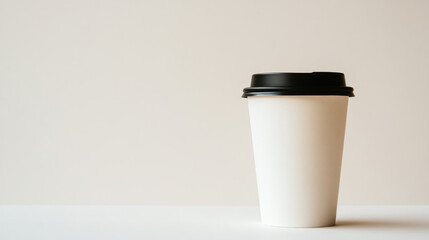 A minimalistic paper coffee cup with a black lid