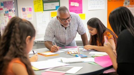 Teacher assisting students in a collaborative classroom discussion, fostering teamwork and creativity in an engaging learning environment
