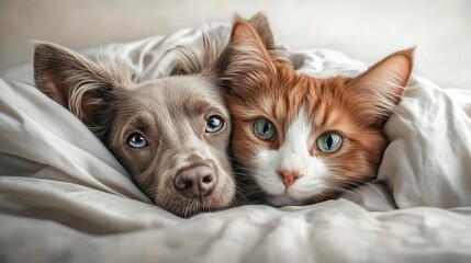 Cozy Digital Painting: Sweetly Snuggled Dog and Cat Under Blankets. AI Generated