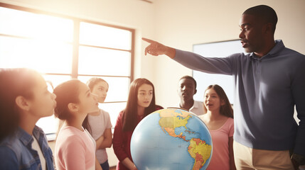 Teacher pointing at a globe in a classroom, explaining geography concepts to an engaged group of diverse students