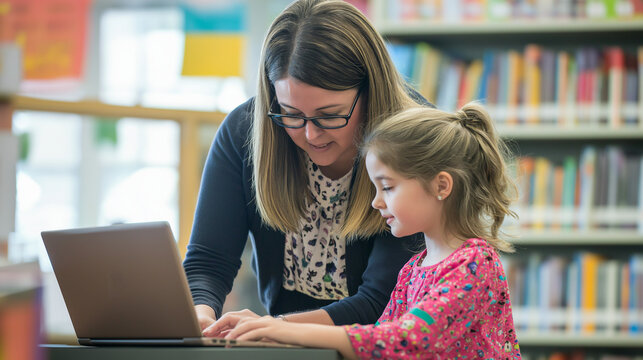 Teacher assisting young student with laptop in a library setting, promoting digital literacy and collaborative learning