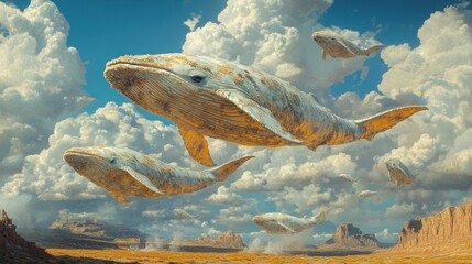 Surreal painting of whales flying above a desert landscape.