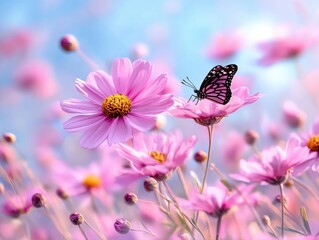 A butterfly rests on vibrant pink cosmos flowers in a dreamy field, with a soft focus background creating a serene atmosphere.