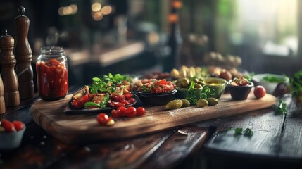 Fototapeta premium Delicious tapas assortment on rustic wooden board.