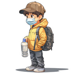 Naklejka premium Cartoon boy wearing mask, backpack, holding water bottle.