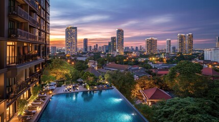 Fototapeta premium Rooftop infinity pool overlooking city skyline at sunset.
