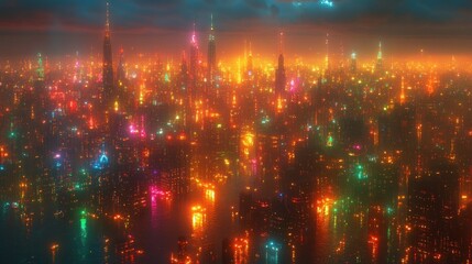 Futuristic city skyline at night, glowing with vibrant neon lights and fog.
