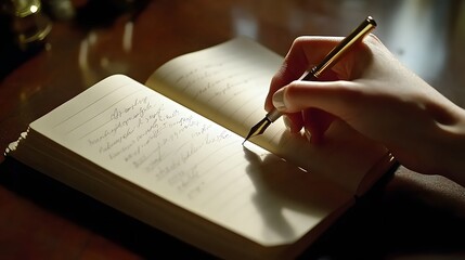 A Hand Writes in a Notebook Using a Fountain Pen